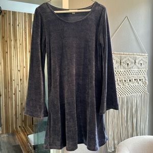 Blue velveteen mini dress with flared sleeves from Earthbound, size S